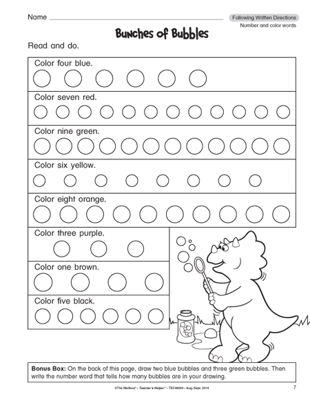 Directions Worksheet Grade 1