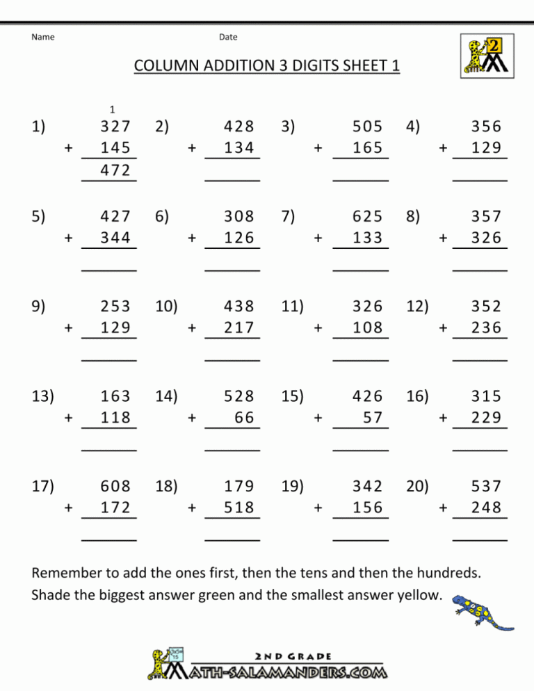 Addition Printable Year 3 Maths Worksheets