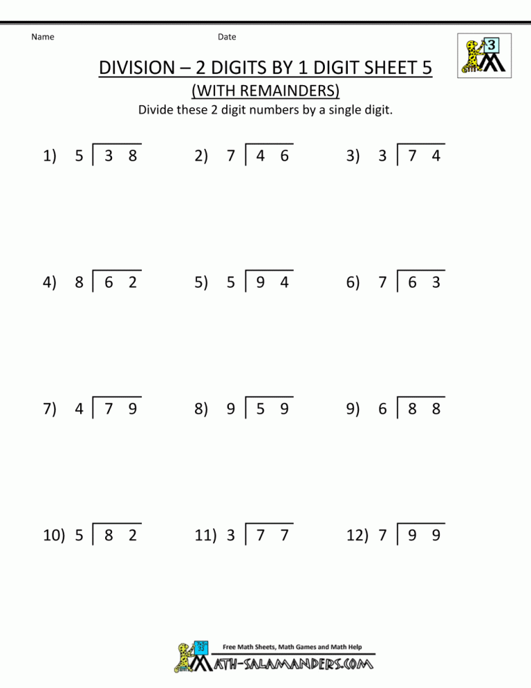 Long Division Worksheets With Remainders 4th Grade