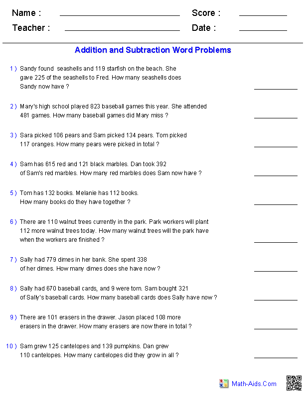 Math Addition And Subtraction Word Problems Grade 3