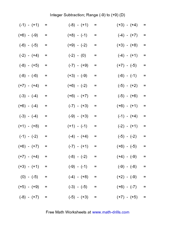 Subtracting Integers Worksheet Math Drills