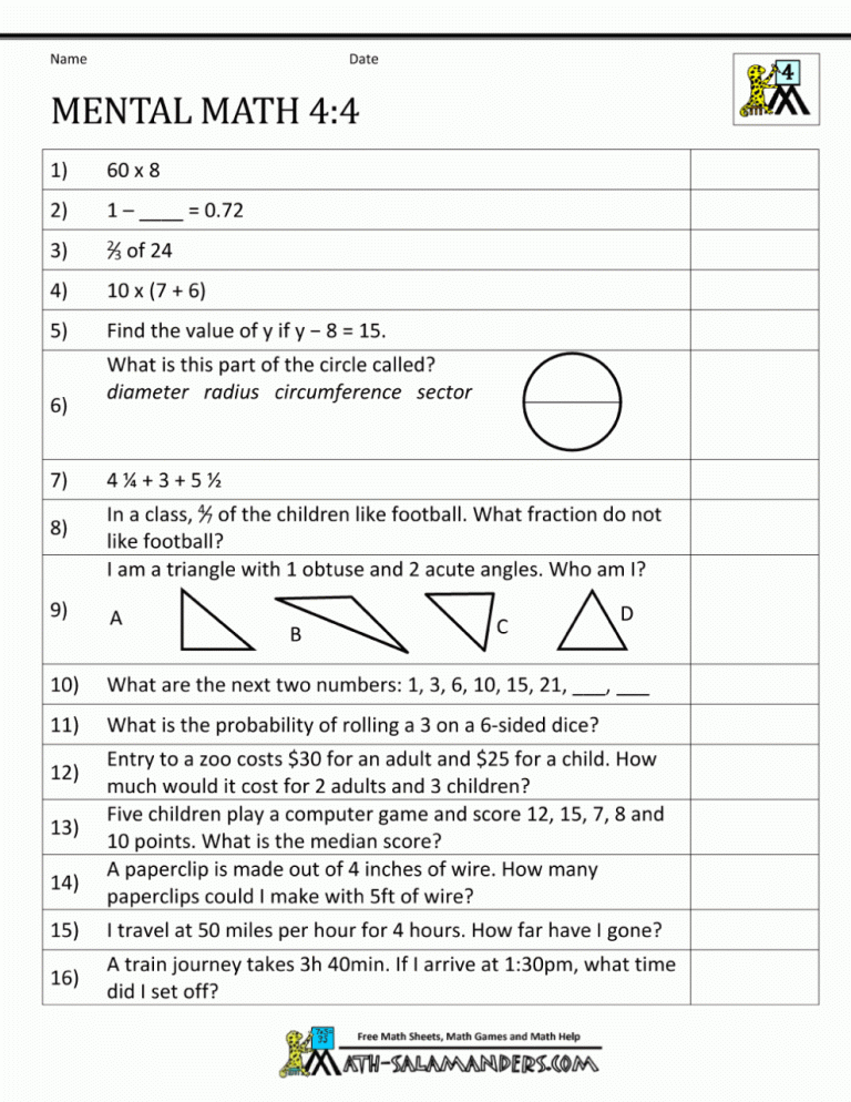 Maths Worksheet For Class 4 With Answers