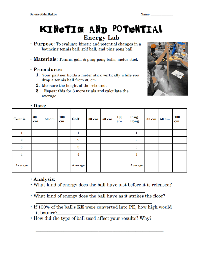 Potential And Kinetic Energy Worksheet