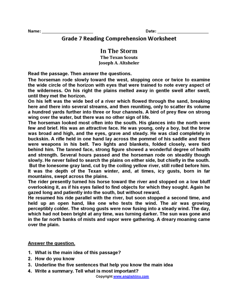 Comprehension Worksheets For Grade 6