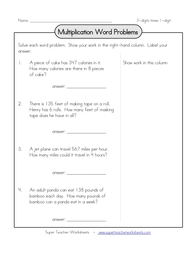 Multiplication Word Problems Worksheets