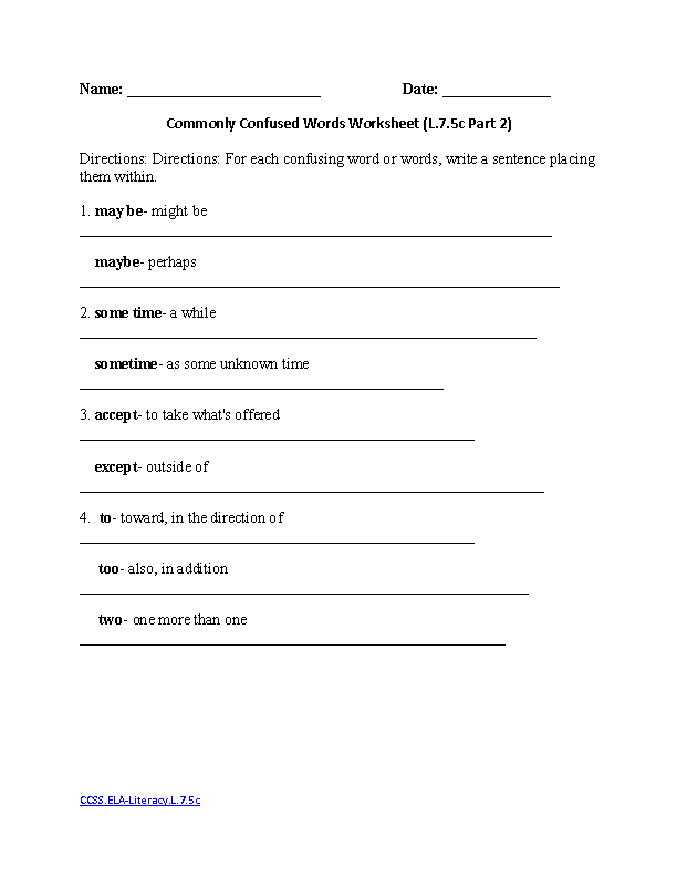 8th Grade Commonly Confused Words Worksheet