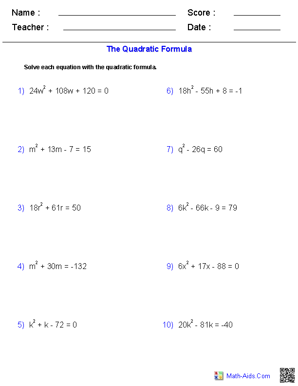 Quadratic Equation Worksheet With Answers