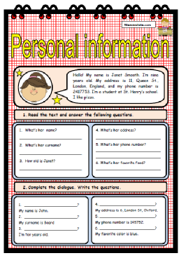 Personal Information Worksheets