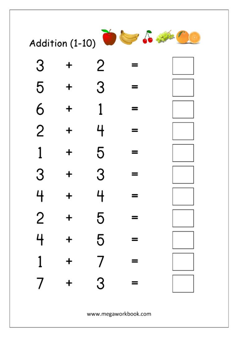 Addition Worksheets For Grade 1 Up To 10