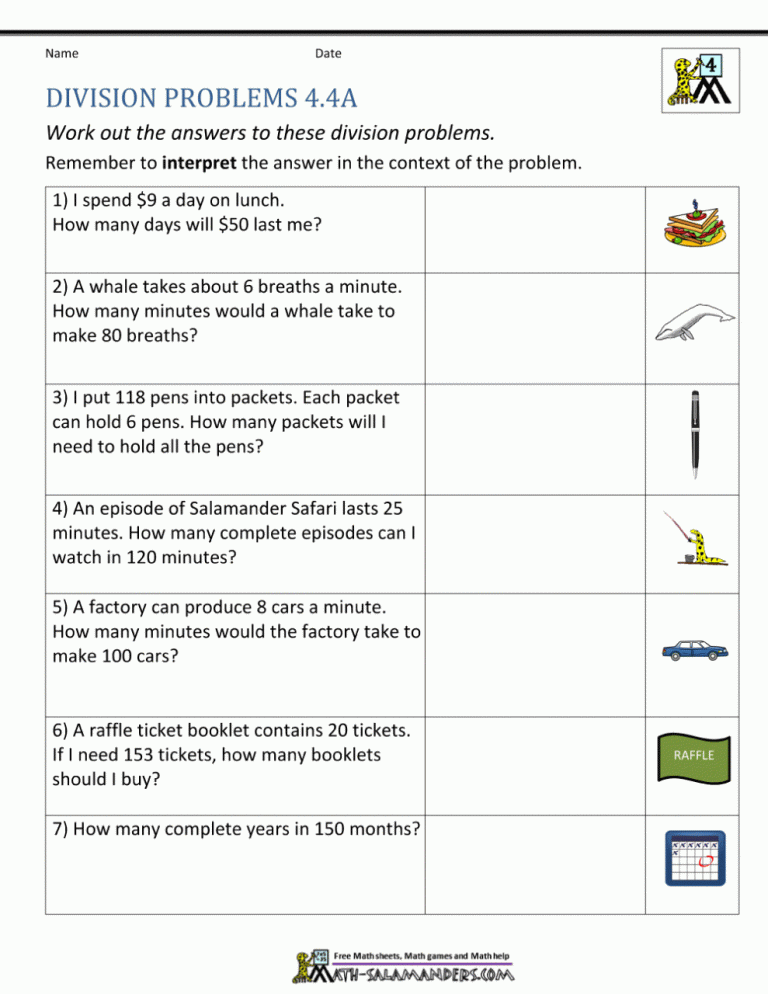 4th Grade Math Worksheets Division Word Problems