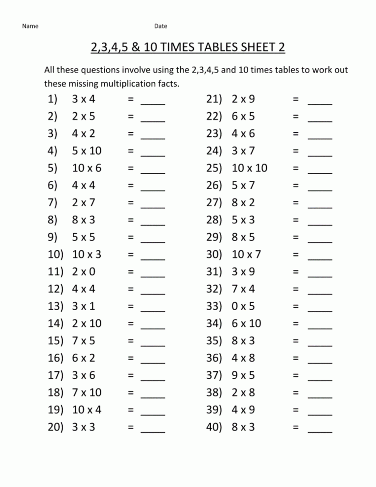 Free Printable Year 4 Maths Worksheets