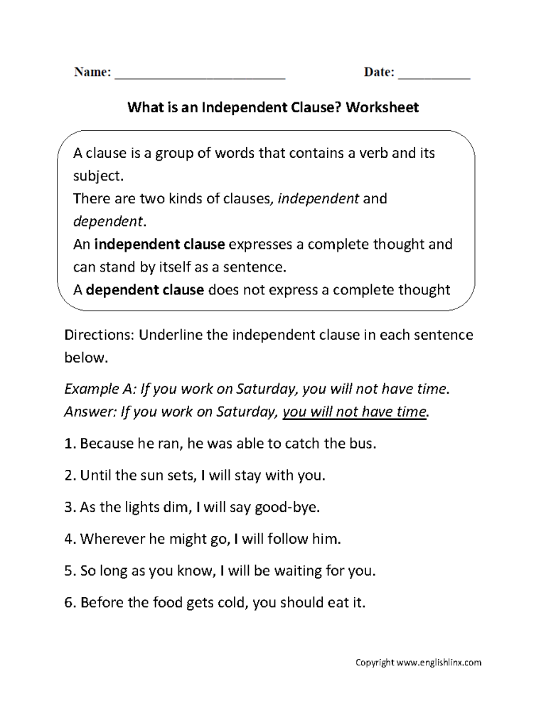 Independent And Dependent Clauses Worksheet With Answers Pdf