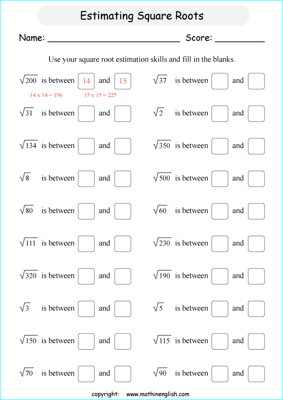 Square Root Worksheets Grade 7