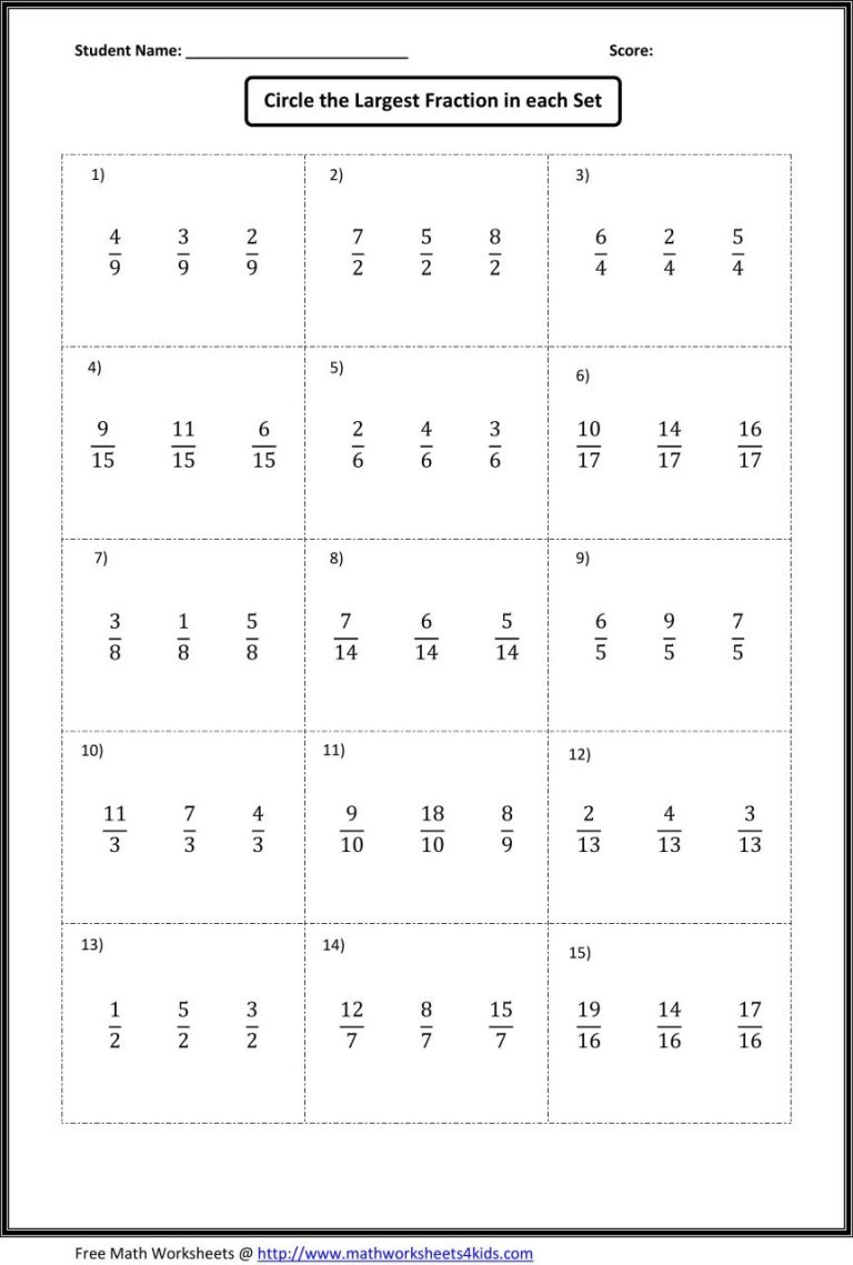 Comparing Fractions Worksheet With Answers Pdf