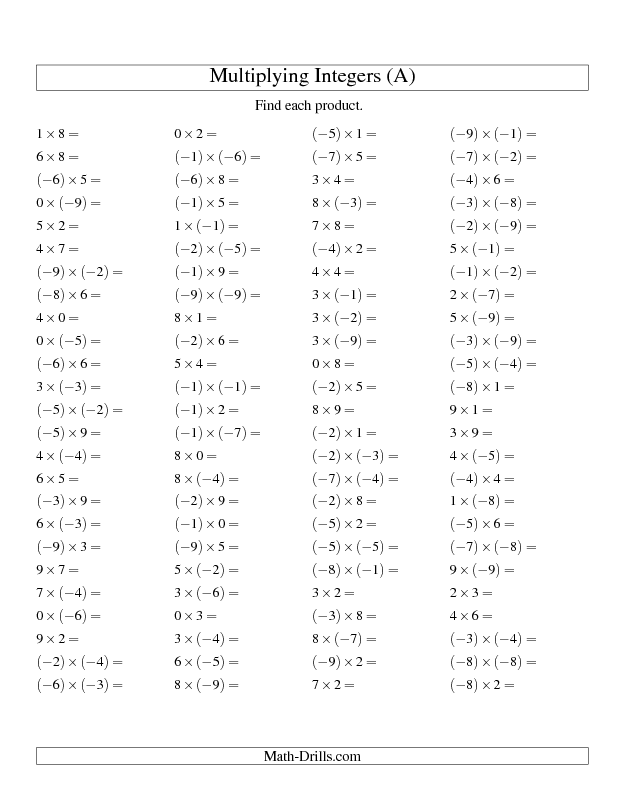 Grade 8 Dividing Integers Worksheet