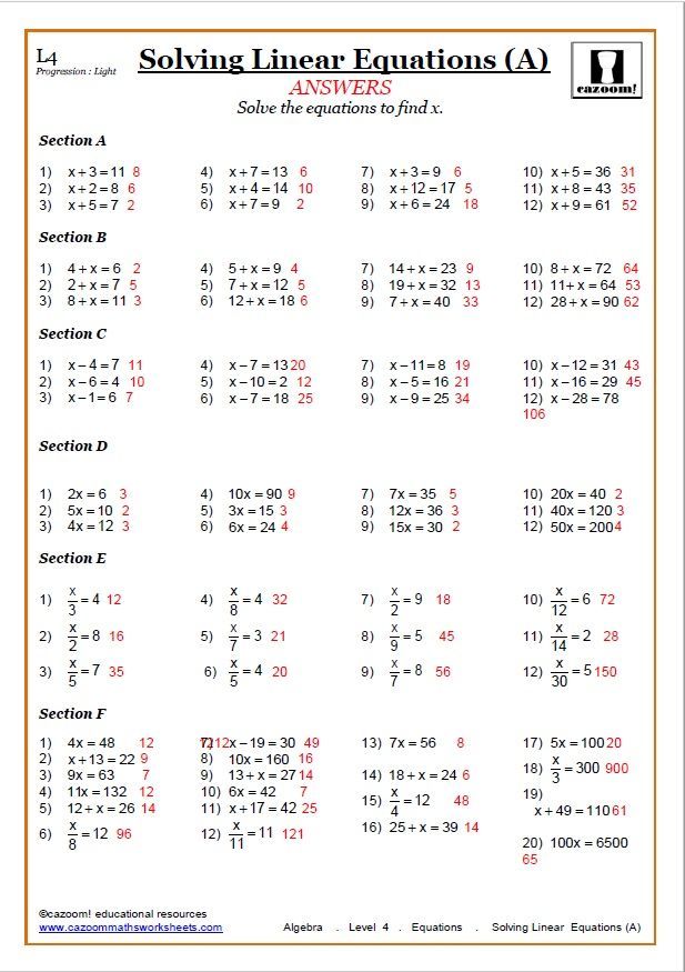 7th Grade Simple Linear Equations Worksheet