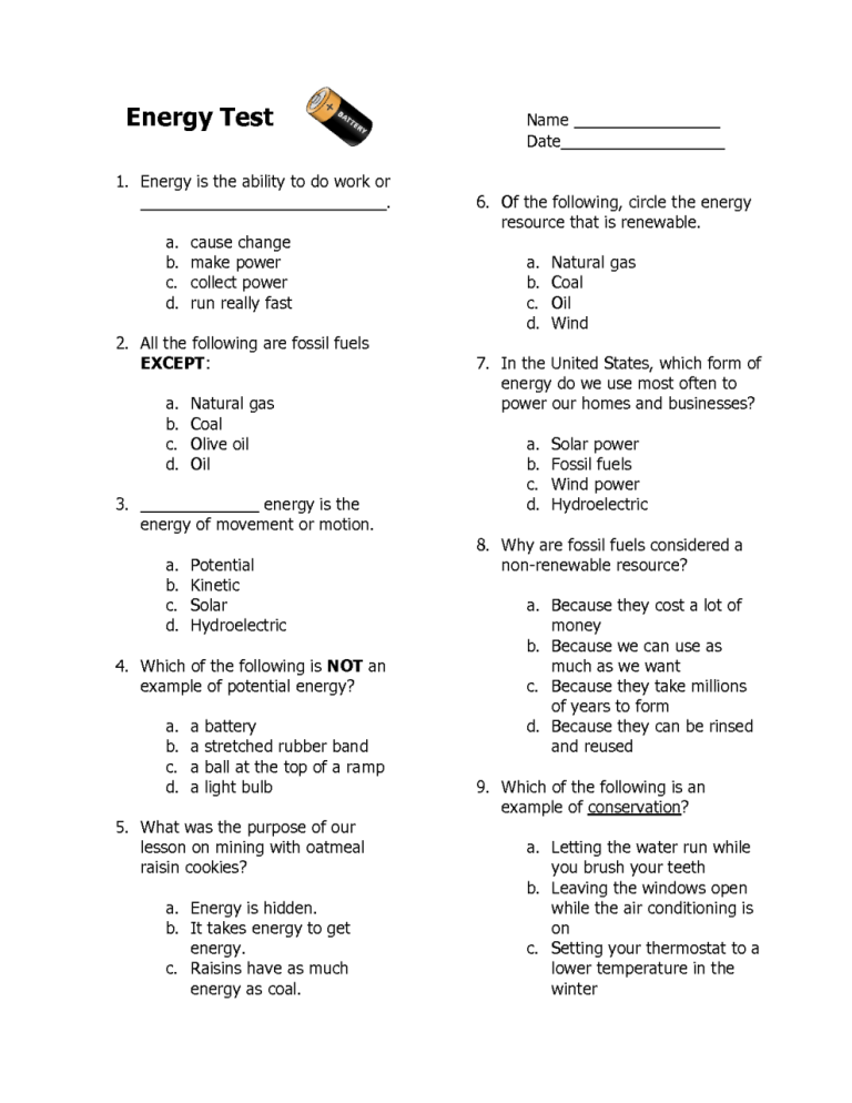 Energy Worksheets For 3rd Grade