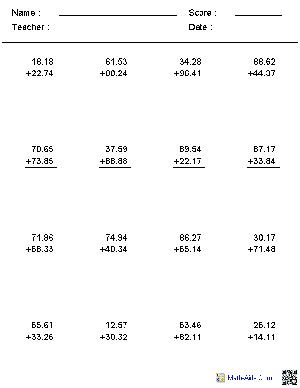 Adding Decimals Worksheet 4th Grade