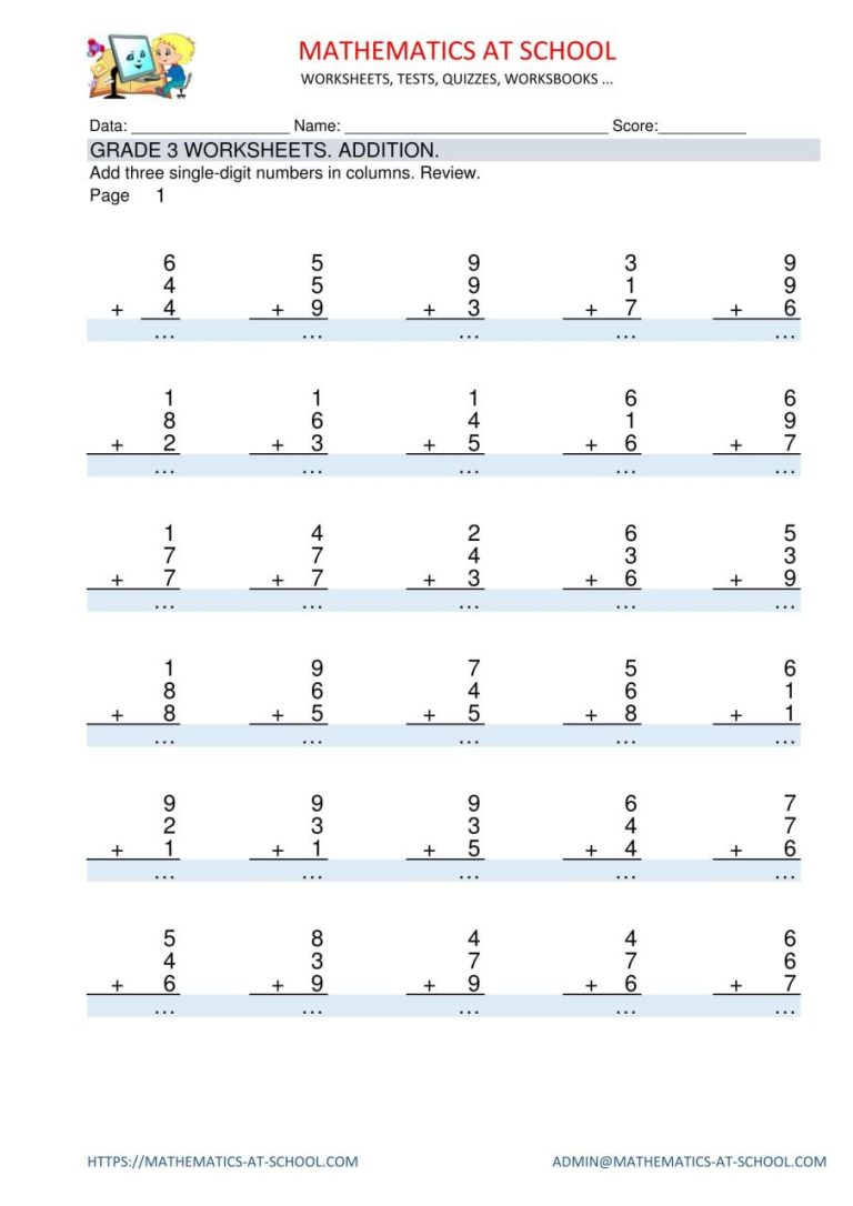 Addition Printable Math Sheets 3rd Grade