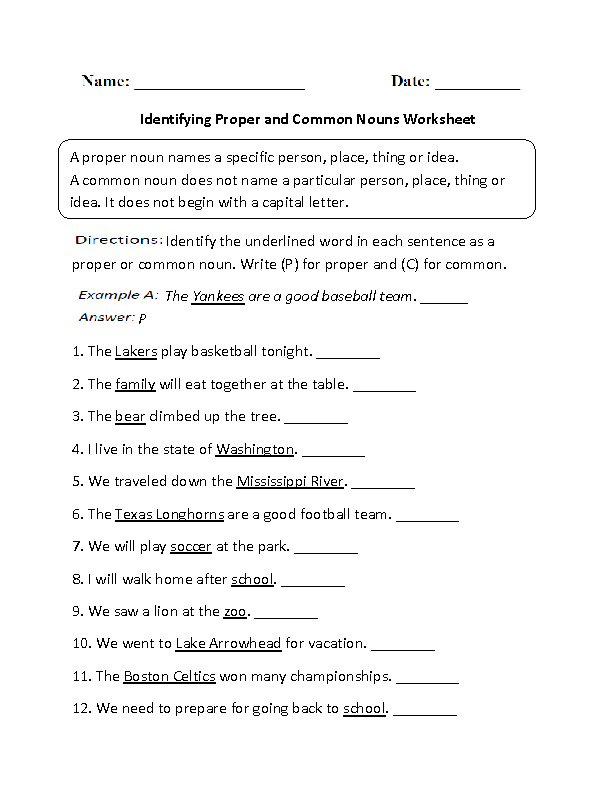 Common And Proper Nouns Worksheet Pdf