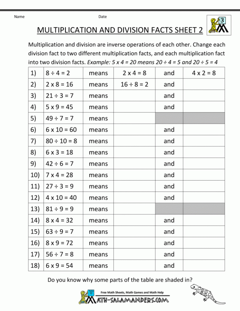 Division Facts Worksheets