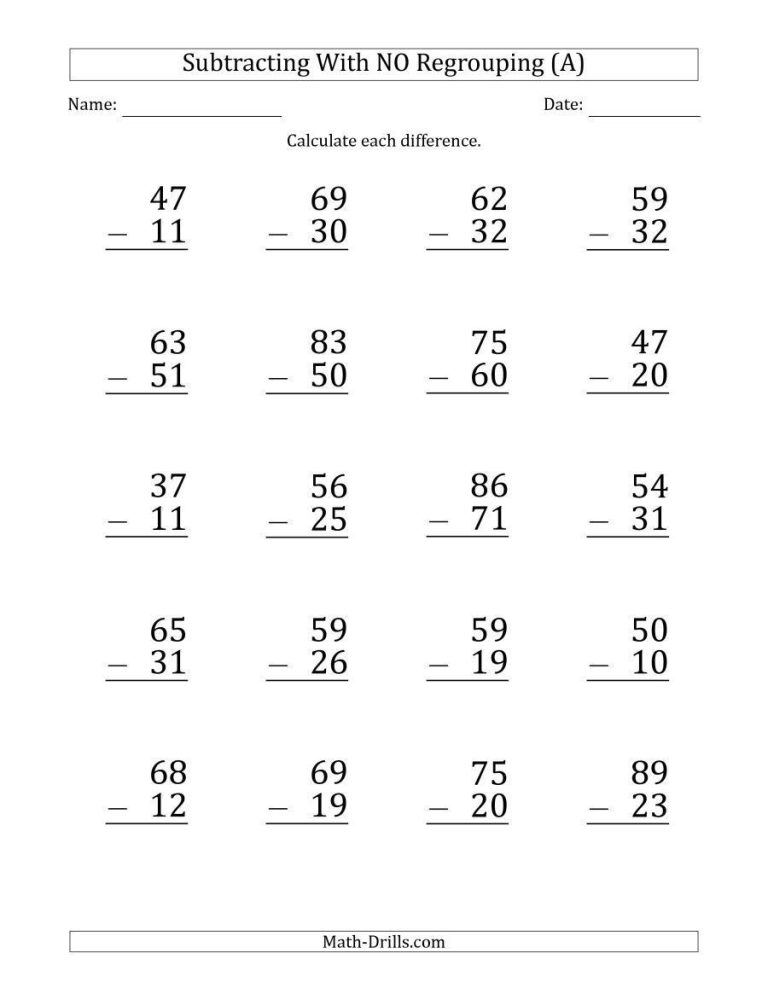 Math Worksheets For Grade 2 Subtraction With Regrouping 2 Digits