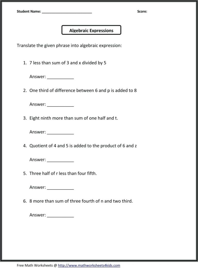 Algebra Worksheets Grade 6 With Answers