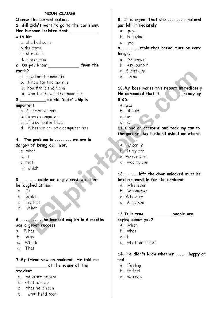 Noun Clause Worksheet For Grade 8