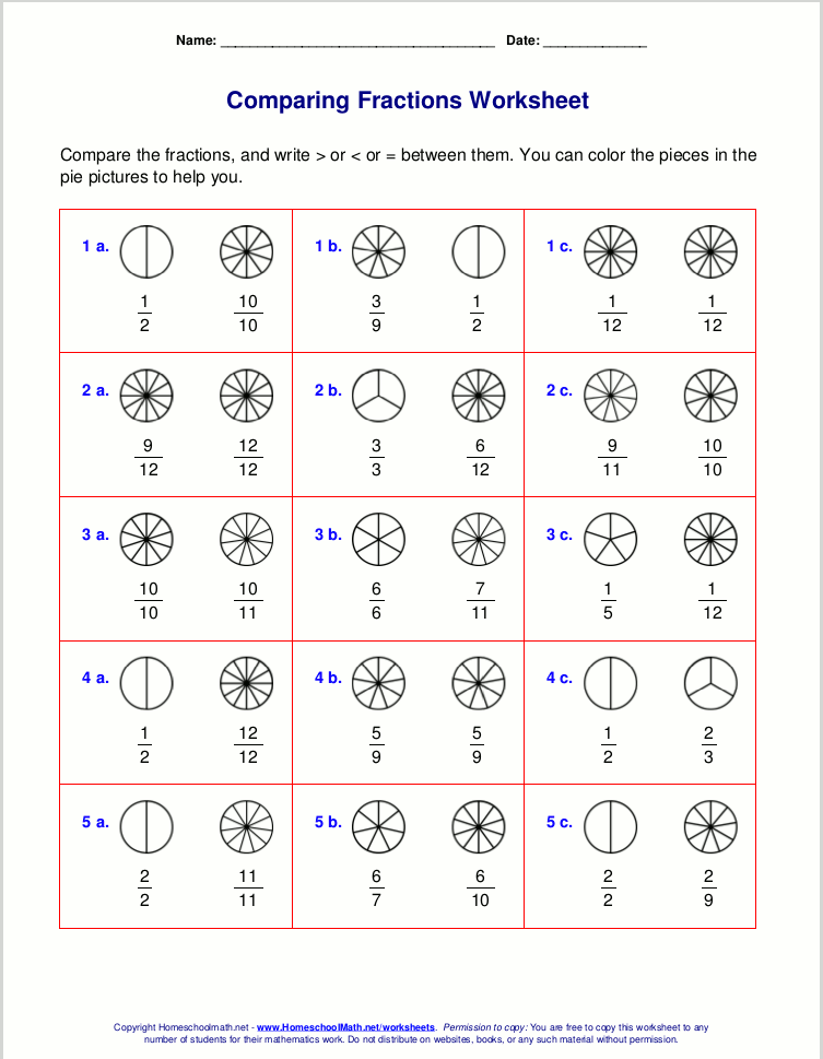 Comparing Fractions Worksheet Answer Key