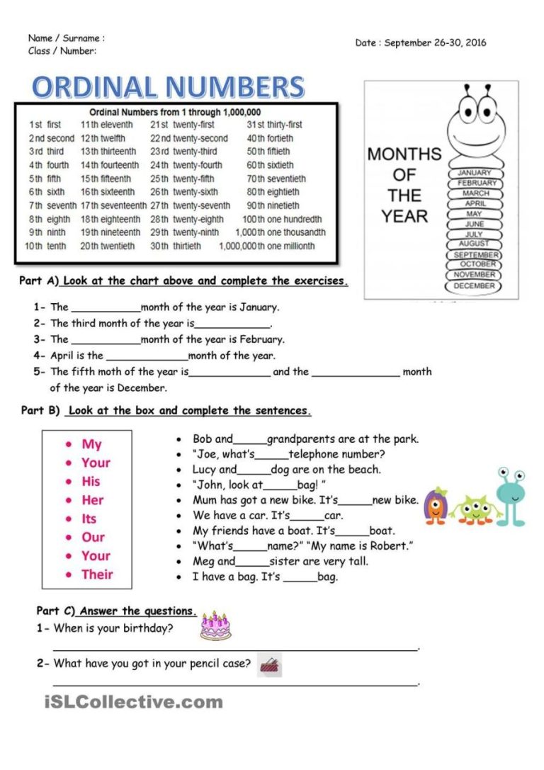 Ordinal Numbers Worksheet Pdf