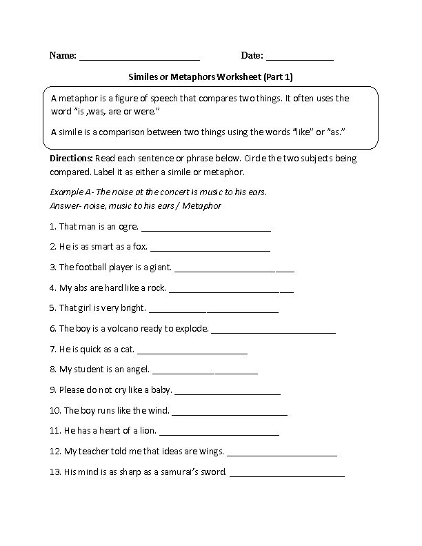 Metaphor Worksheets Pdf