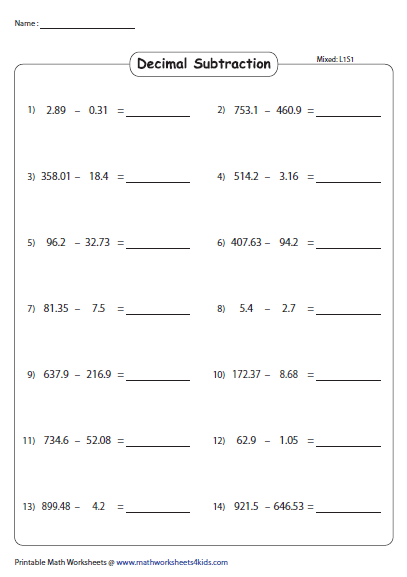 Addition And Subtraction Decimals Worksheets Pdf