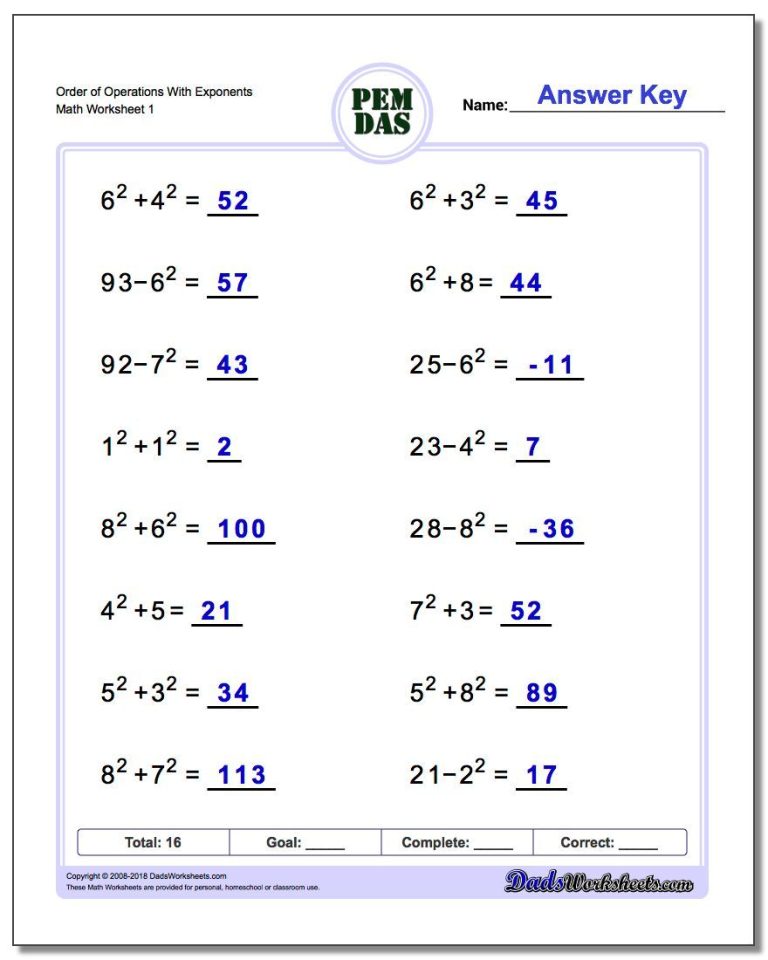 Basic Exponents Worksheets Pdf