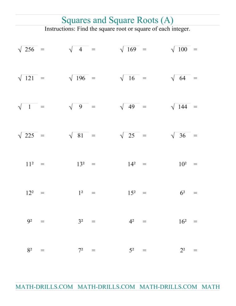 Square Root Worksheets 7th Grade