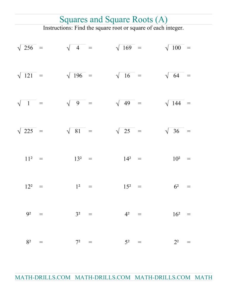 Square Numbers Worksheet With Answers