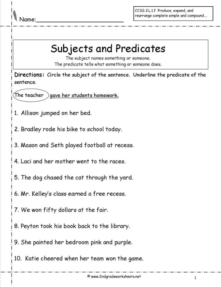 Complete Subject And Predicate Worksheet 4th Grade