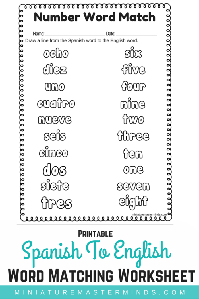 Spanish To English Worksheets For Kindergarten