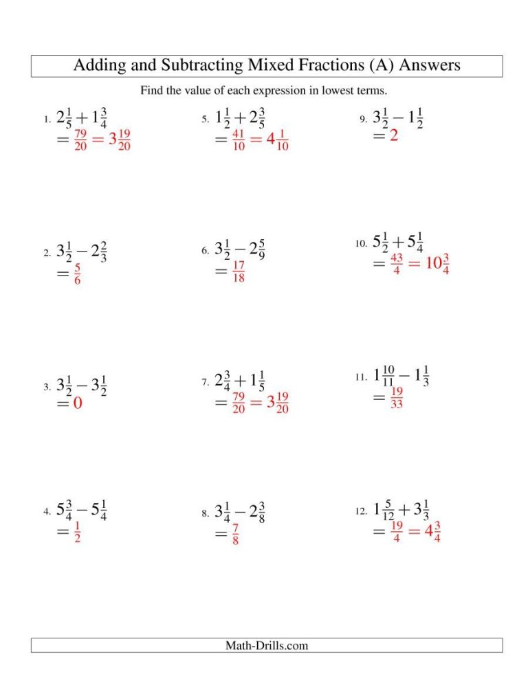 Adding And Subtracting Mixed Numbers Worksheet