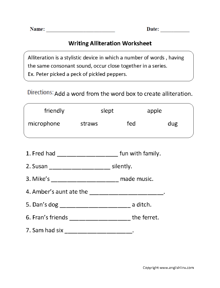 Alliteration Worksheets Pdf