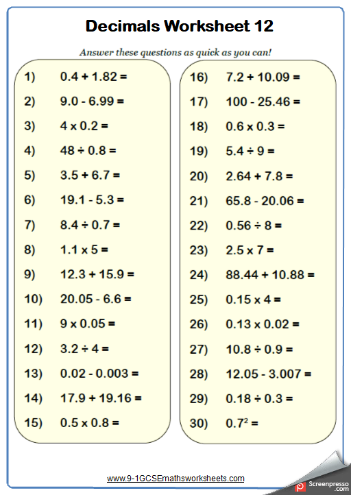 Multiplying Decimals Worksheets With Answers Pdf