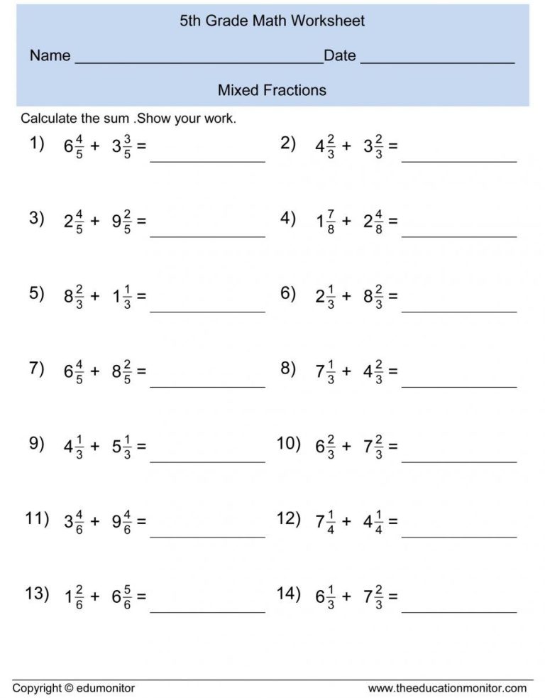 Subtracting Mixed Fractions Worksheets