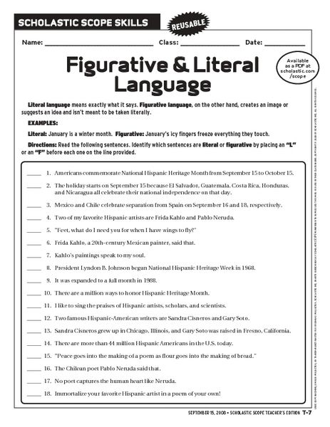 Grade 7 Figures Of Speech Worksheet Pdf