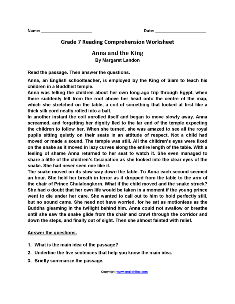 Year 7 English Worksheets Comprehension