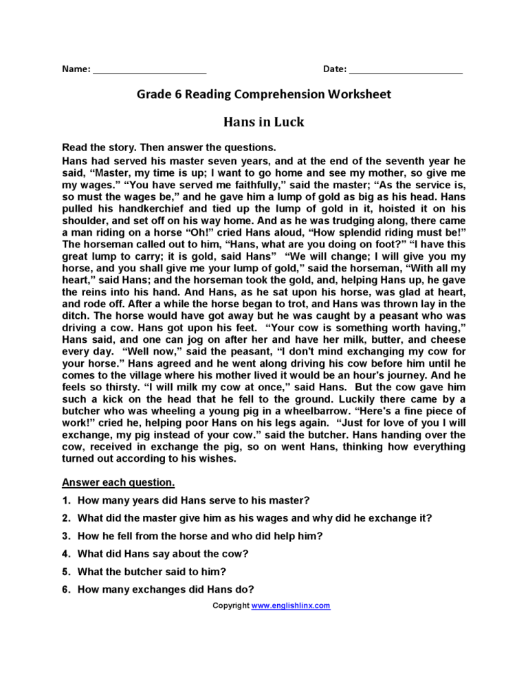 Sixth Grade 6th Grade Reading Comprehension Worksheets Pdf