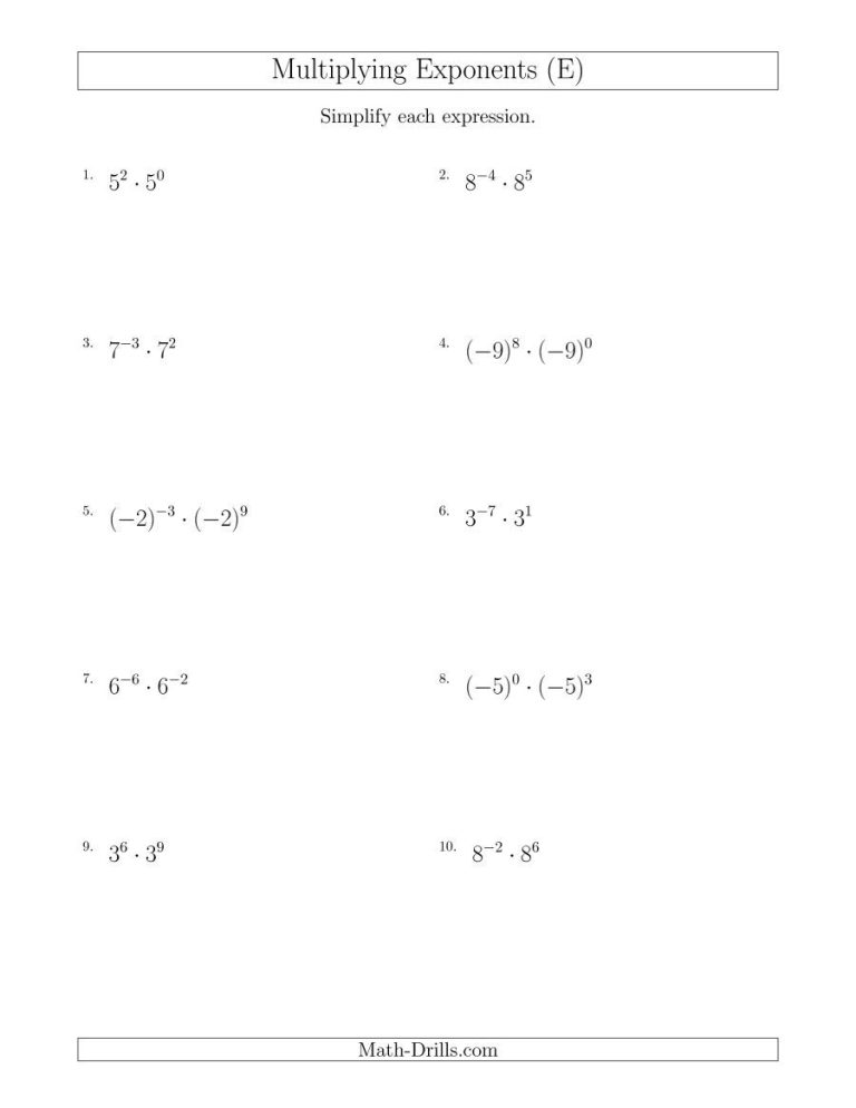 Multiplication Law Of Exponents Worksheet