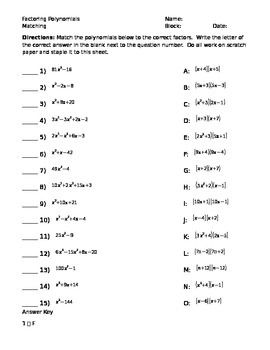 Answer Key Factoring Polynomials Worksheet With Answers Algebra 2