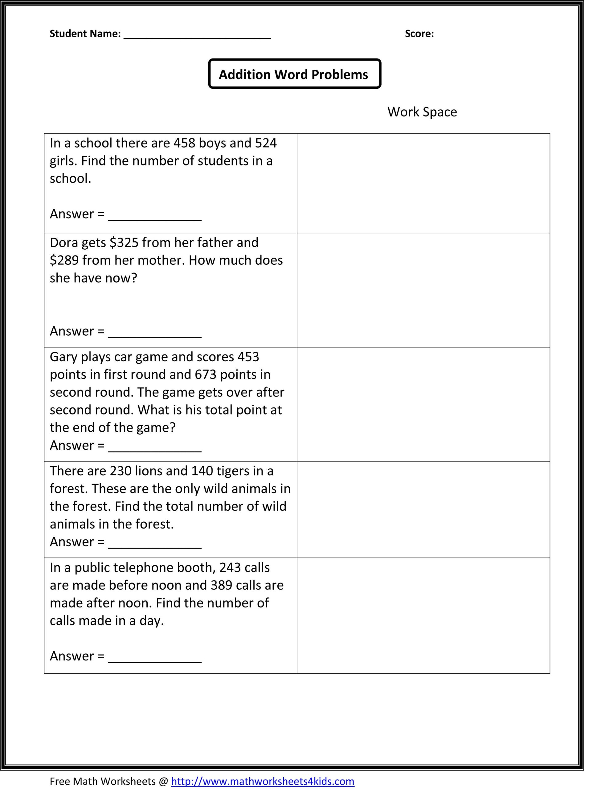 3rd Grade Addition Word Problems For Grade 2