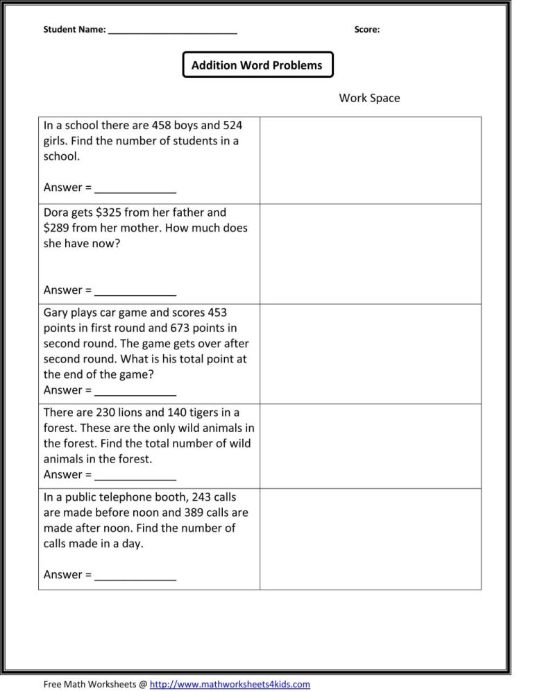 3rd Grade Addition And Subtraction Word Problems Worksheets