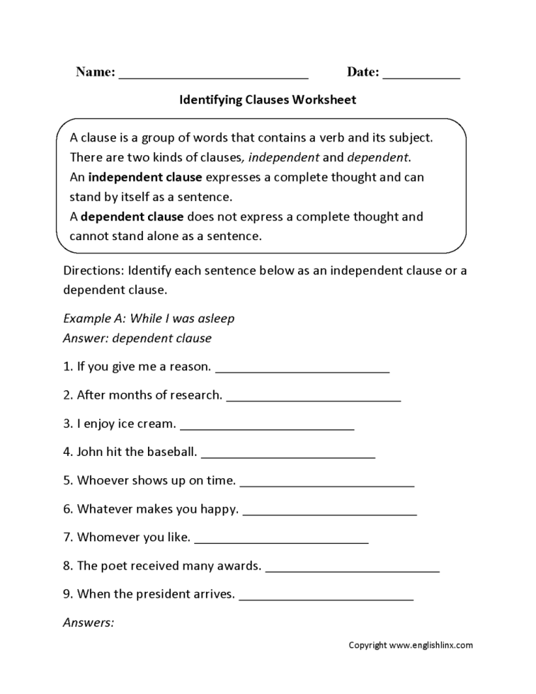 7th Grade Subordinate Clause Worksheet