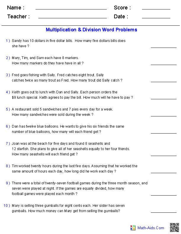 Word Problems Worksheets Math